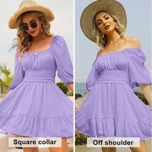 EXLURA Purple Square Neck Boho Mini Dress Medium - Picture 3 of 12